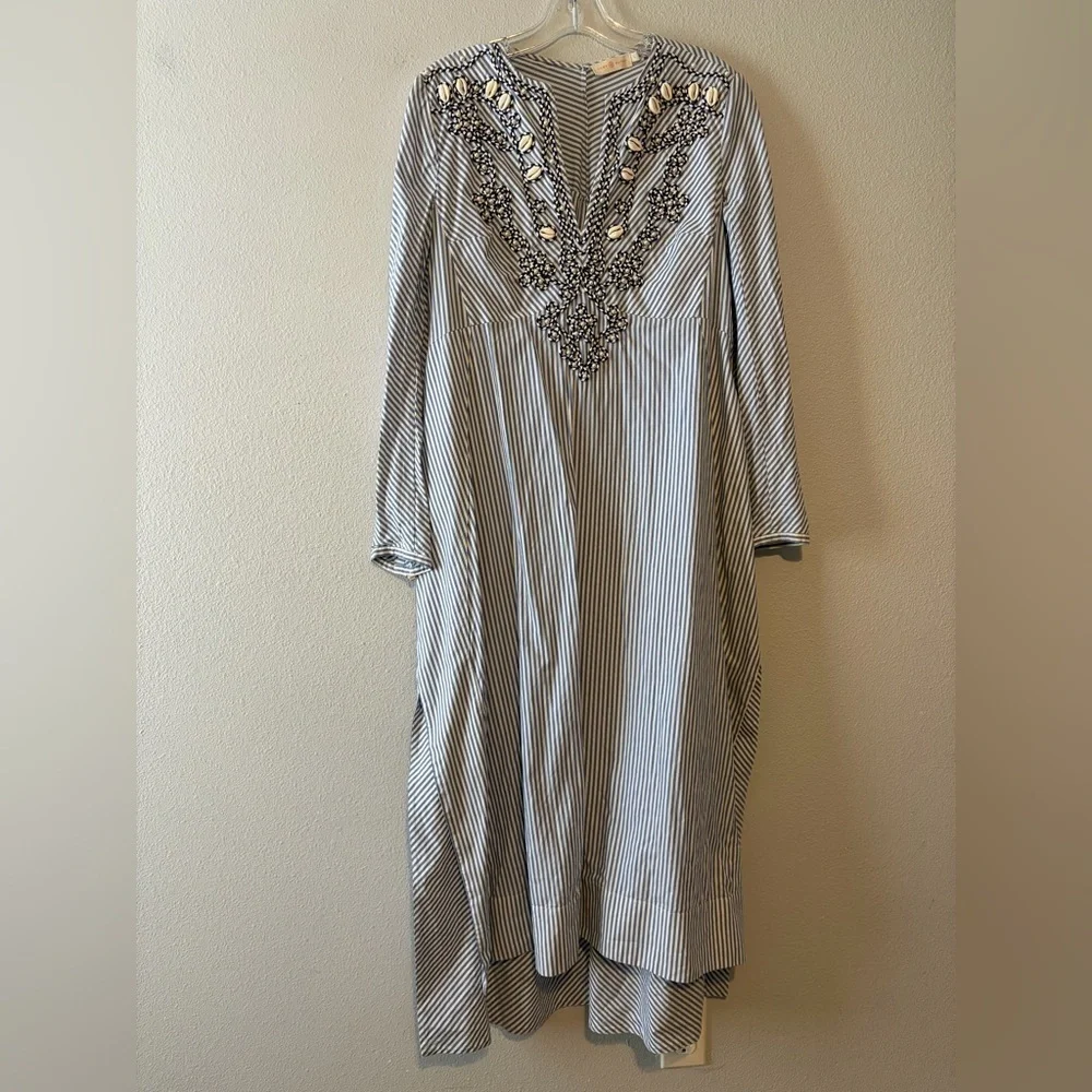 TORY BURCH EMBELLISHED STRIPE STEP HEM MIDI TUNIC DRESS